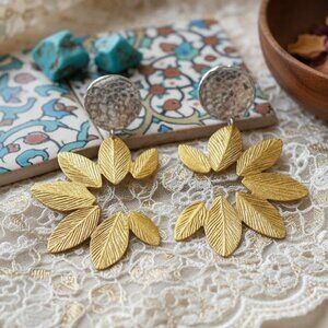 Turkish Stunning Handmade Artisan 18K Gold Plated Brass Fine Leaf Earrings
